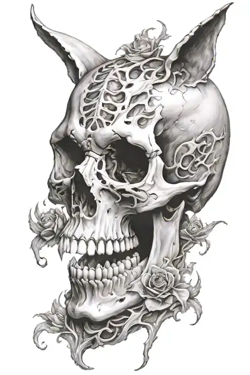 cat's skull in hell tattoo design idea