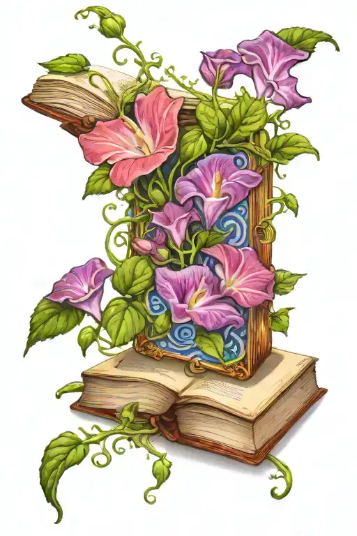 book open with morning glory vine tattoo design idea