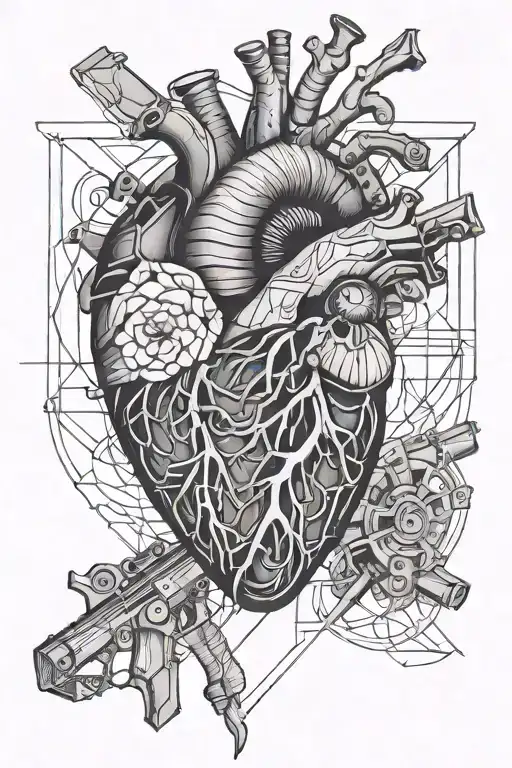 anatomical heart intertwined with guns crossed tattoo design idea
