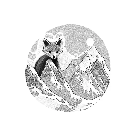 A small mountain fox in a landscape of mountains on top of a 1967 chevrolet chevelle tattoo design idea