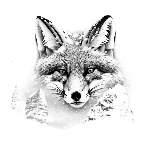 A mountain fox gracefully camouflaged in a snowy landscape tattoo design idea