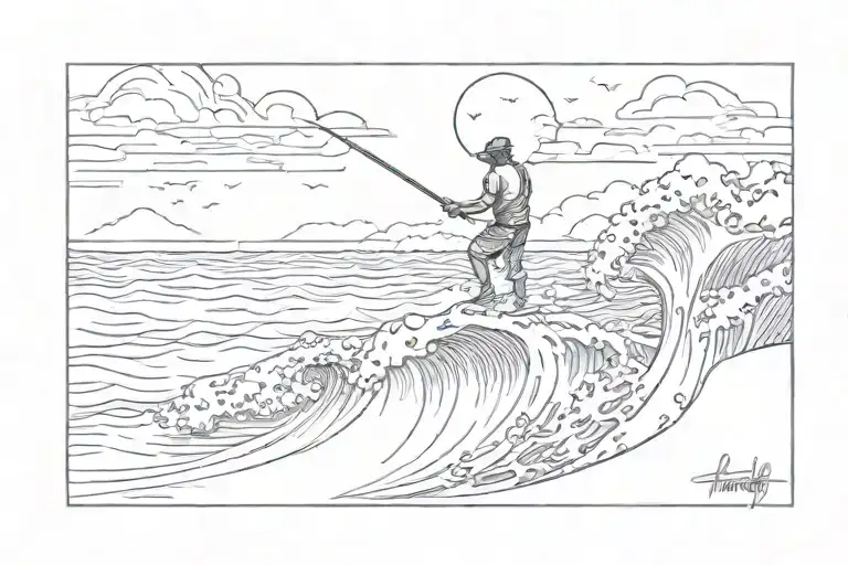 surf fishing scene tattoo design idea