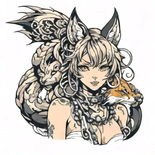 A pumped up anime girl with fox features in a futuristic anime world tattoo design idea