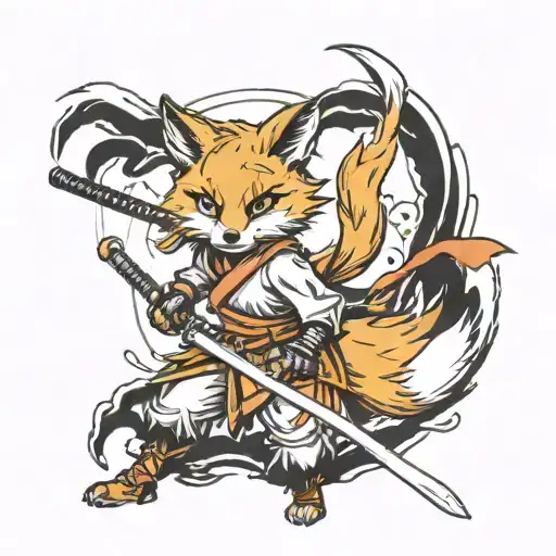 A fox girl warrior wielding a katana in a manga-inspired battle scene tattoo design idea