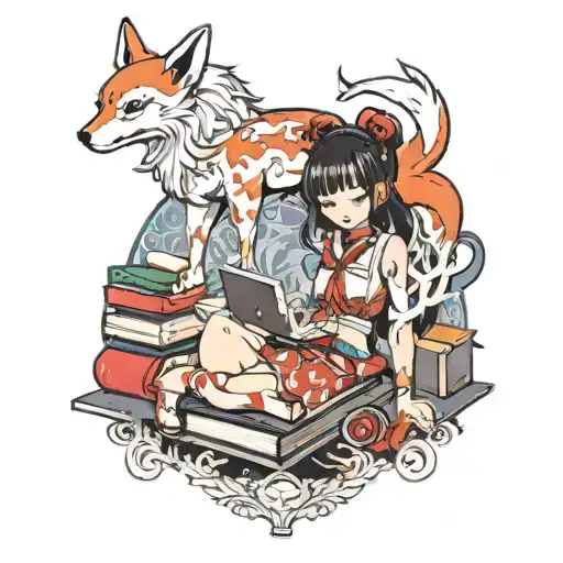  An anime girl with kitsune mask and tails surrounded by floating books tattoo design idea
