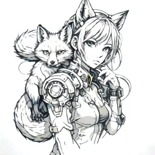 A pumped up anime girl with fox features in a futuristic anime world tattoo design idea
