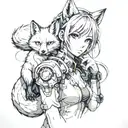 A pumped up anime girl with fox features in a futuristic anime world tattoo design idea