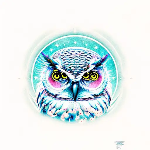 Blind owl , the eyes reflect the cosmos, twhich consists of nature, mountains, forest, stars, stream, forest burns, moon tattoo design idea
