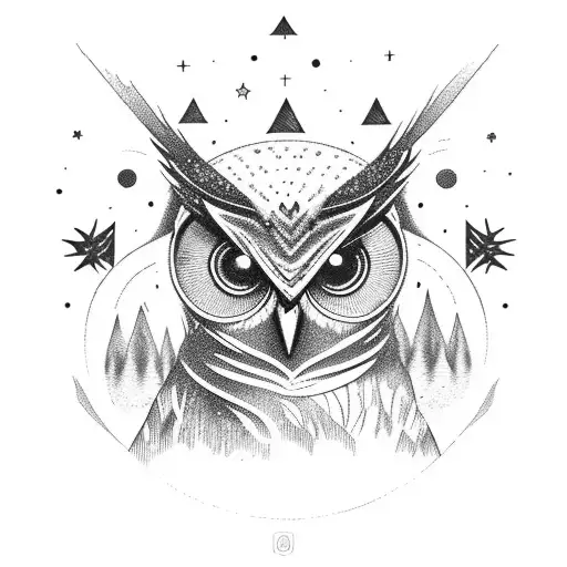 Blind owl , the eyes reflect the cosmos, twhich consists of nature, mountains, forest, stars, stream, forest burns, moon tattoo design idea