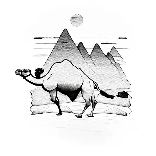 camel in desert moving towards canadian mountains  tattoo design idea
