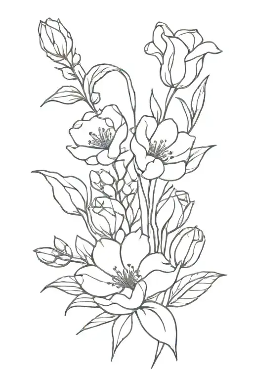 A minimalist tattoo of a bouquet of assorted flowers, including roses, tulips, peonies, and lilies of the valley tattoo design idea