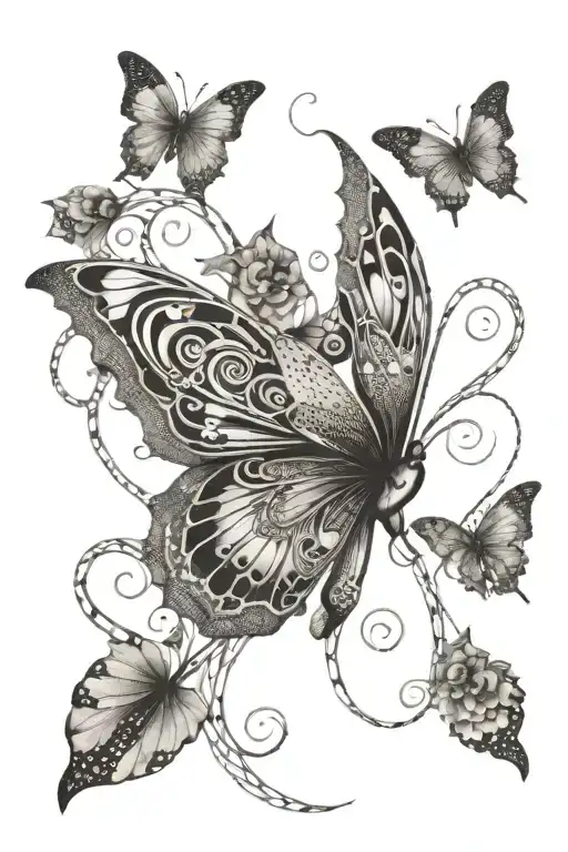 A butterfly made up of interconnected musical notes and snake scales tattoo design idea