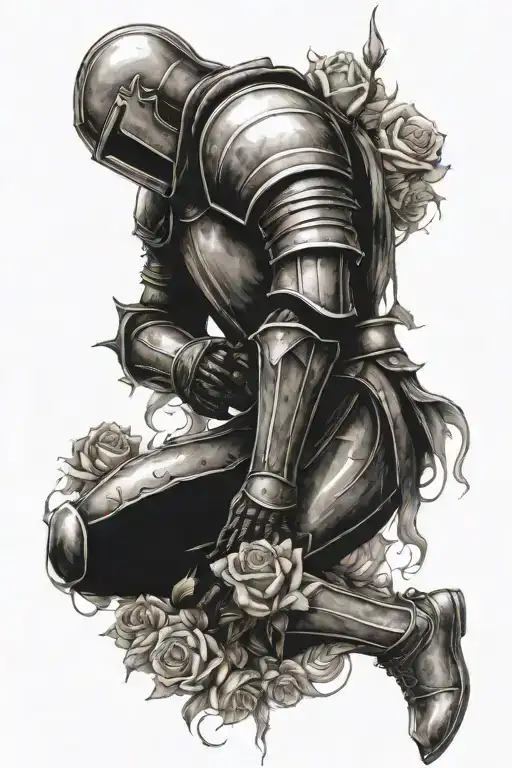knight on knees with flowers dying roses tattoo design idea