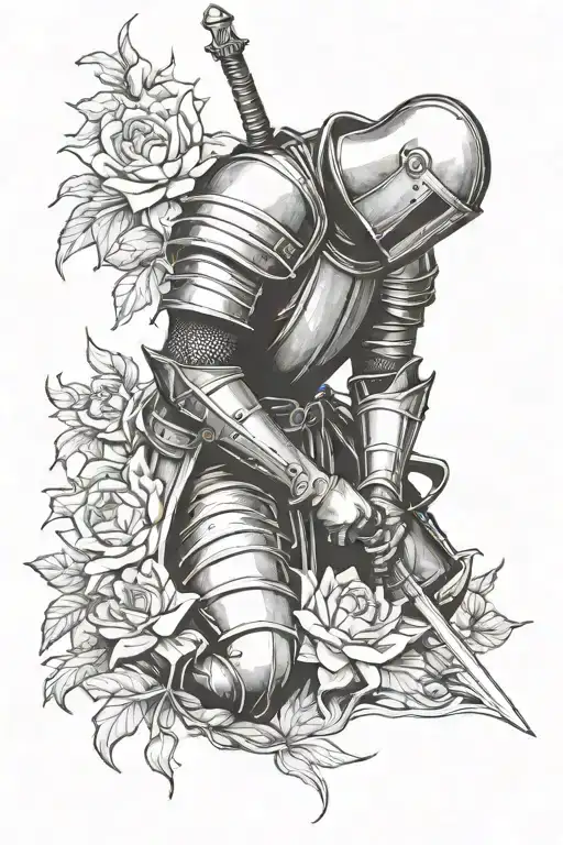 Knight on knees with flowers dying tattoo design idea