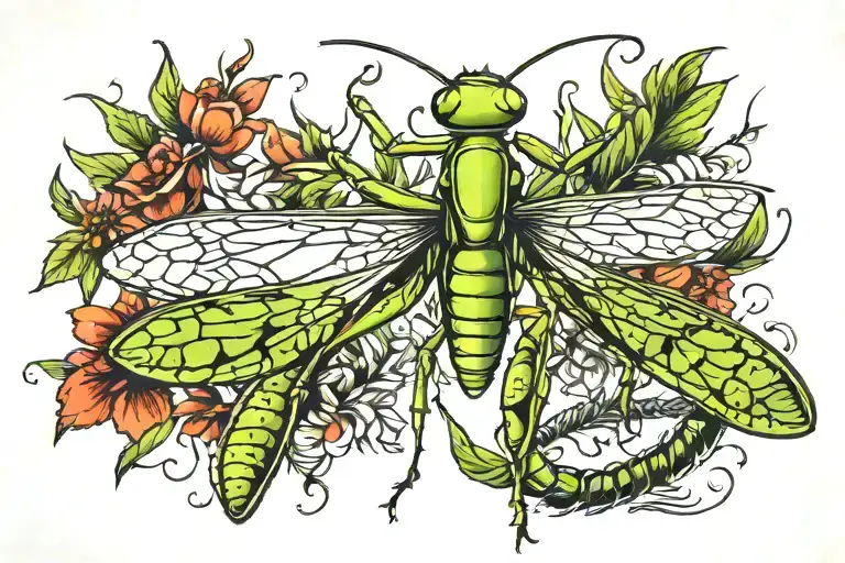 praying mantis, cicada, and other bugs tattoo design idea