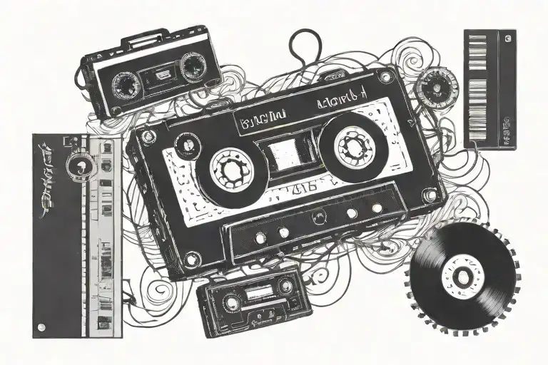 black cassette tape and vinyl records tattoo design idea