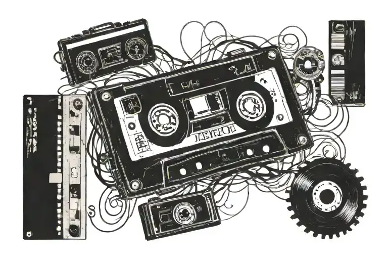 black cassette tape and vinyl records tattoo design idea