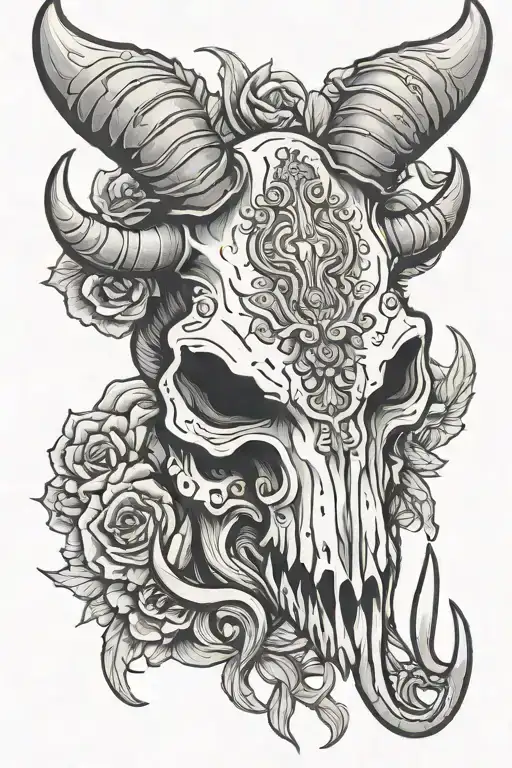 decorated bull skull with scorpion crawling tattoo design idea