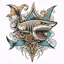 shark and trident surrounded tattoo design idea