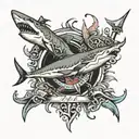shark and trident surrounded tattoo design idea