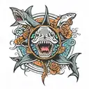 shark and trident surrounded tattoo design idea