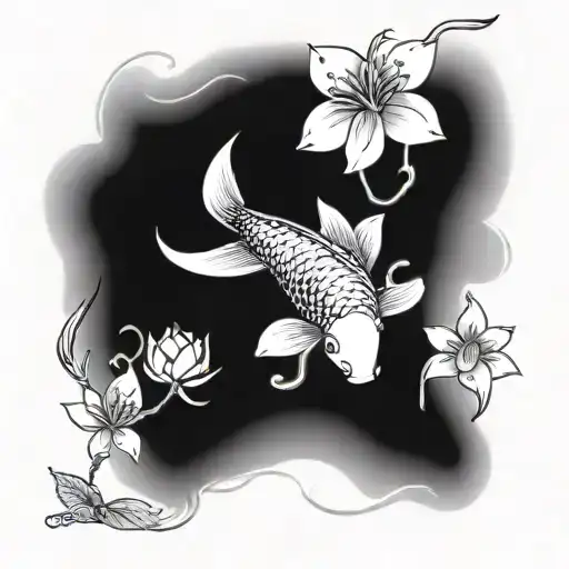 A peaceful koi fish swimming among delicate Chinese magnolias in a tranquil water scene tattoo design idea