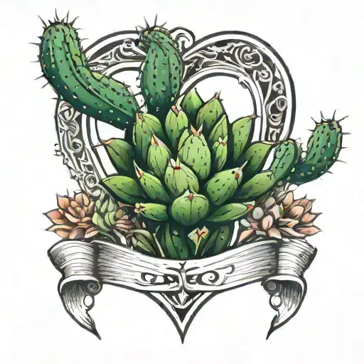 Heart with cactus growing tattoo design idea