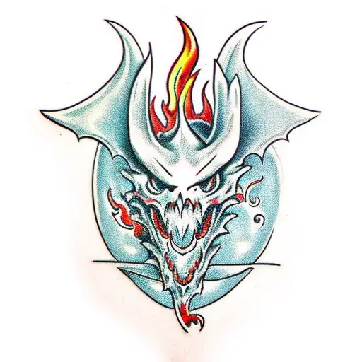 Dragon skull with fire in eyes tattoo design idea
