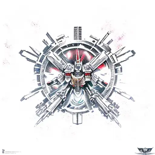 Combine elements from Warhammer 40.000 and Gundam in a futuristic battle scene tattoo design idea