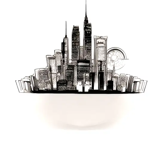 Illustrate a new-school tattoo showcasing a futuristic cityscape inspired by Shinedown's music tattoo design idea