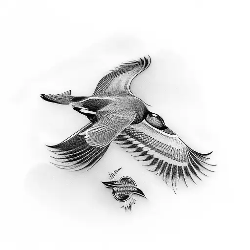 mallard duck flying with name on it tattoo design idea