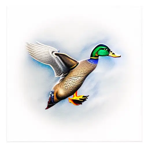 mallard duck flying with name on it tattoo design idea