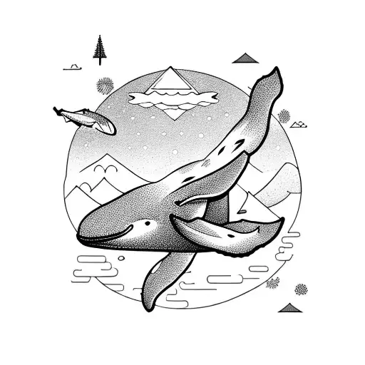 flying whales and pine trees tattoo design idea