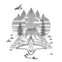 flying whales and pine trees tattoo design idea
