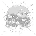 flying whales and pine trees tattoo design idea