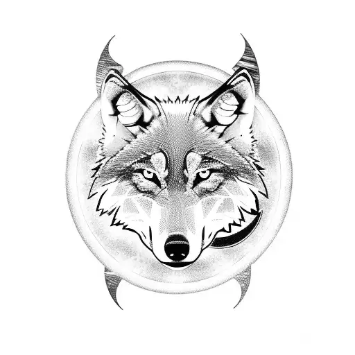 wolf with the moon and the sun and the number 7 tattoo design idea
