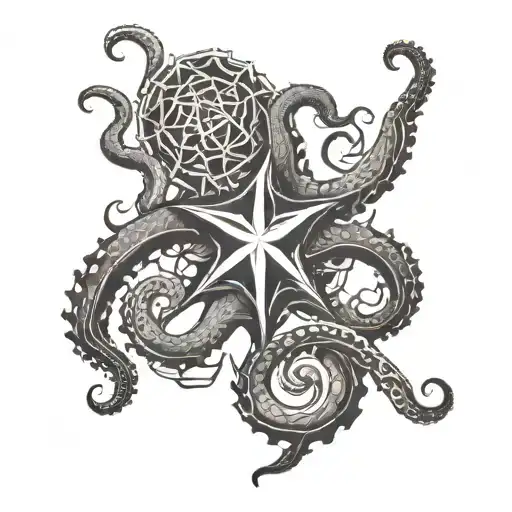 A chaos star hold by an octopus from behind tattoo design idea