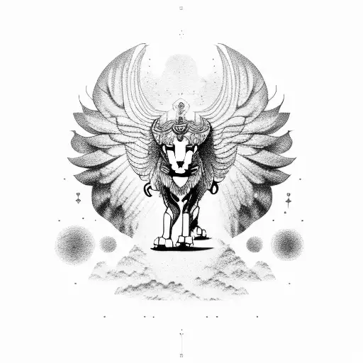An engineer riding a mechanical Persian winged lion through a cosmic landscape tattoo design idea