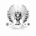 An engineer riding a mechanical Persian winged lion through a cosmic landscape tattoo design idea