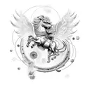 An engineer riding a mechanical Persian winged lion through a cosmic landscape tattoo design idea