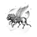 An engineer riding a mechanical Persian winged lion through a cosmic landscape tattoo design idea