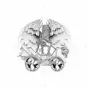 An engineer riding a mechanical Persian winged lion through a cosmic landscape tattoo design idea