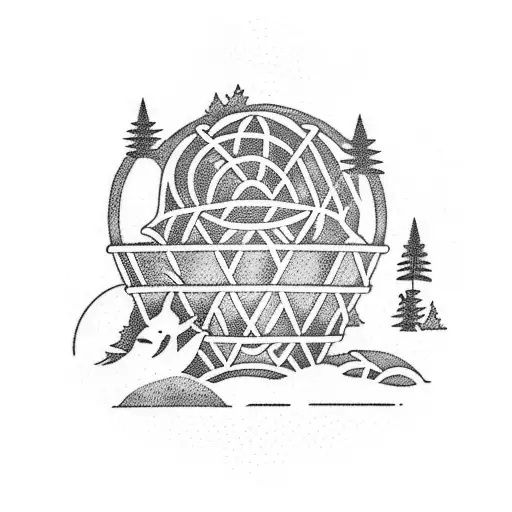 Design a tattoo of a disc golf basket surrounded by a forest filled with different animal silhouettes tattoo design idea