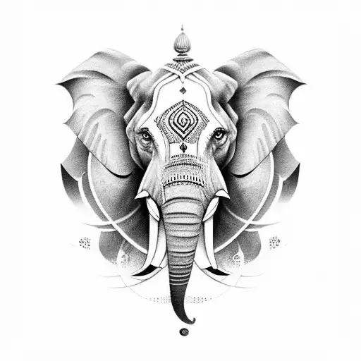 A powerful blackwork tattoo combining the elements of innovation and Hinduism with an elephant and lion tattoo design idea