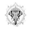 A powerful blackwork tattoo combining the elements of innovation and Hinduism with an elephant and lion tattoo design idea