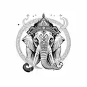 A powerful blackwork tattoo combining the elements of innovation and Hinduism with an elephant and lion tattoo design idea