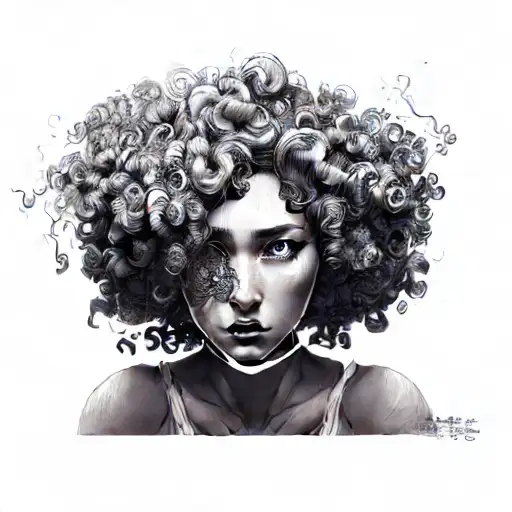a woman with curly hair tattoo design idea