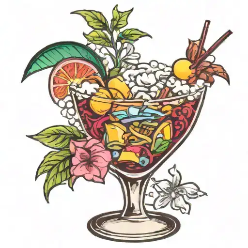 A tattoo design of a cocktail glass with a mix of ingredients representing the client's passion for cocktails and creativity in art, with a background of city skylines from Hong Kong and Singapore tattoo design idea