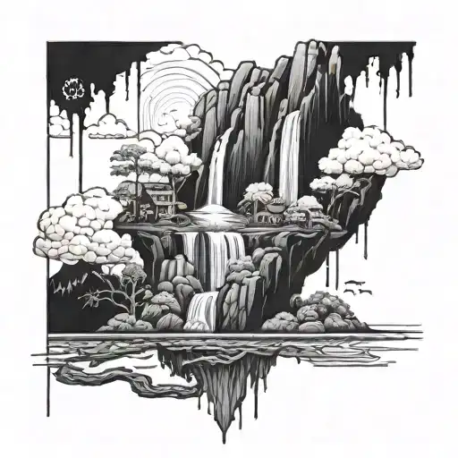 A blackwork tattoo of a surreal landscape with floating islands and cascading waterfalls, reflecting your imaginative and unique outlook on life tattoo design idea