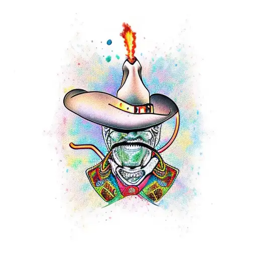 yee howdy cowboy molotov cocktail stained glass six shooters tattoo design idea